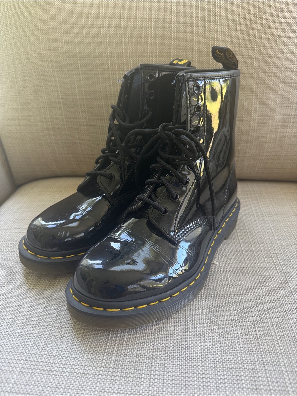 Dr. Martens Black Patent Lace-Up Combat Boots with Yellow Stitching